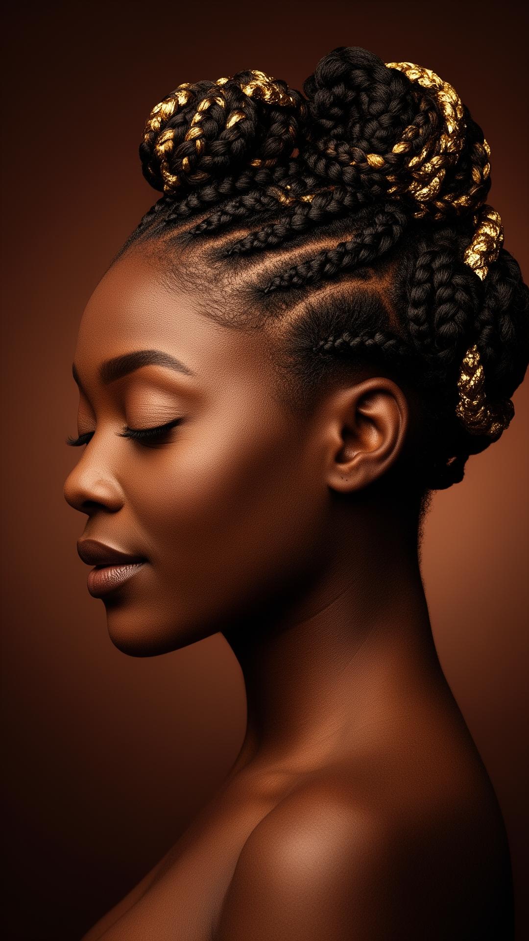 Afro-hair model with intricate gold-threaded braids